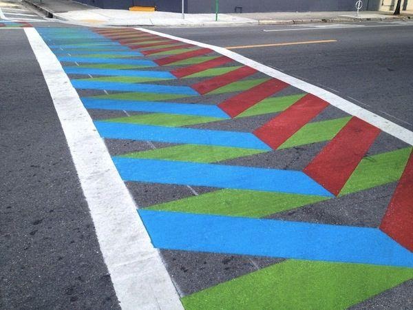 Crosswalks Painted In Brightly-Colored Patterns Make Crossing The Road Fun | Pavement art, Painting, Outdoor art